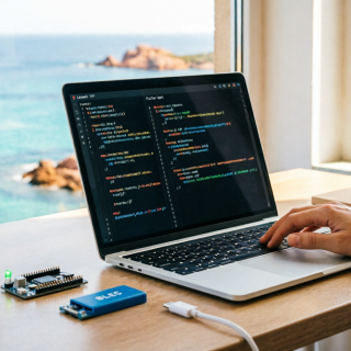 Workspace R4Software con postazione di sviluppo software, monitor, dashboard e organizzazione del progetto