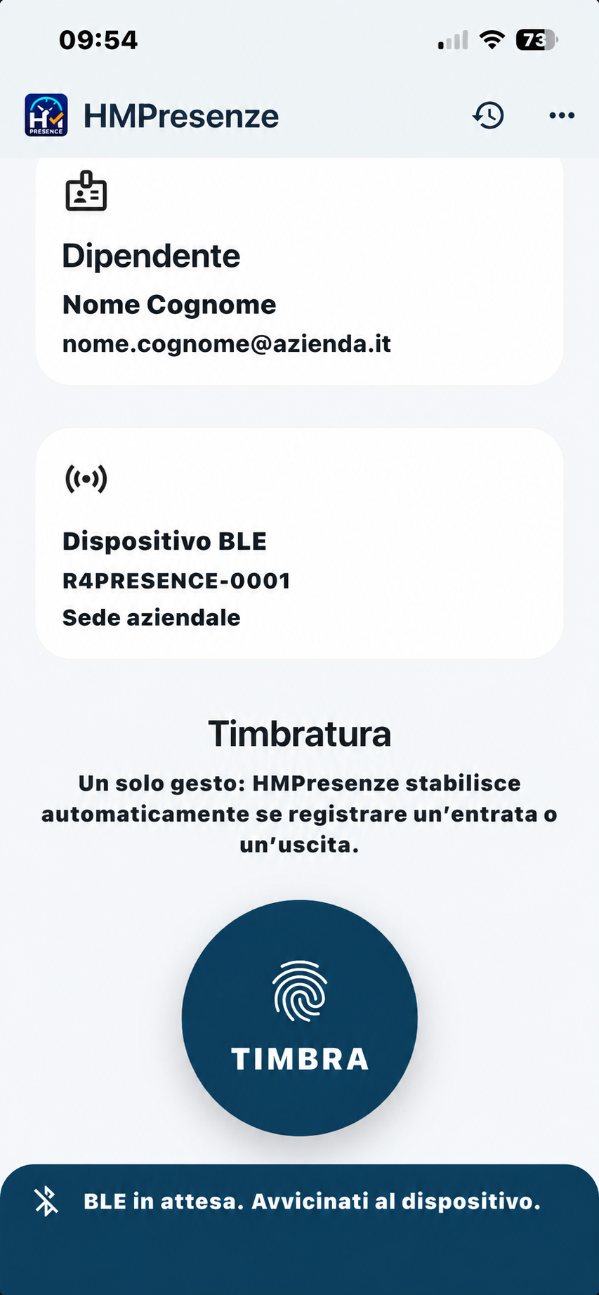 HMPresenze - rilevazione presenze dipendenti via smartphone App HMPresenze per la rilevazione presenze dipendenti tramite smartphone e Bluetooth Low Energy